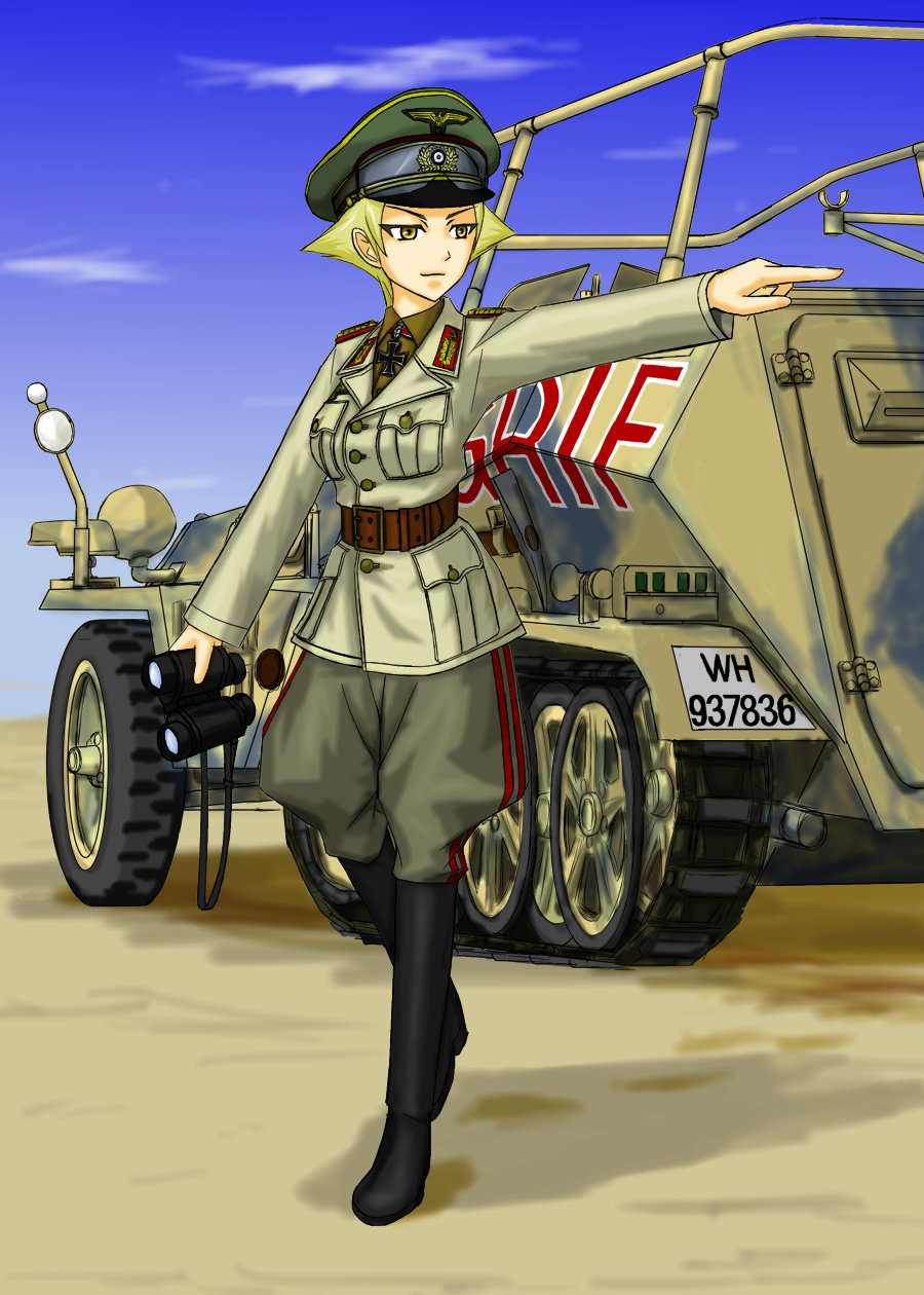 1girl alternate_costume belt binoculars blonde_hair blue_sky boots breasts clouds dragoon_(dragon_w) erwin_(girls_und_panzer) girls_und_panzer goggles goggles_on_headwear half-track hat highres iron_cross knee_boots military military_uniform sand short_hair sky solo uniform yellow_eyes