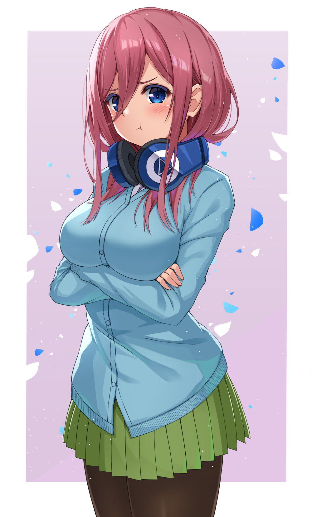 1girl :t bangs black_legwear blue_cardigan blue_eyes blush breasts closed_mouth crossed_arms eyebrows_visible_through_hair go-toubun_no_hanayome green_skirt hair_between_eyes headphones headphones_around_neck highres large_breasts long_hair long_sleeves looking_at_viewer maemi_(maemi12) nakano_miku pantyhose pleated_skirt pout purple_hair skirt solo