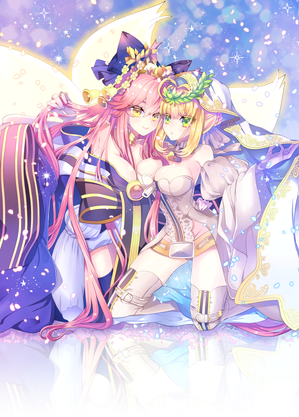 2girls ahoge animal_ear_fluff animal_ears belt blonde_hair blue_ribbon bodysuit braid breasts bridal_veil chains cleavage fate/extra fate/extra_ccc fate/grand_order fate_(series) fox_ears fox_girl fox_tail french_braid full-length_zipper green_eyes hair_bun hair_ribbon head_wreath highres japanese_clothes large_breasts leotard lock long_hair loose_belt merichi_(ogaomega) multiple_girls multiple_tails nero_claudius_(bride)_(fate) nero_claudius_(fate)_(all) padlock pink_hair ribbon tail tamamo_(fate)_(all) tamamo_no_mae_(fate) veil very_long_hair white_bodysuit white_leotard white_sleeves yellow_eyes zipper zipper_pull_tab