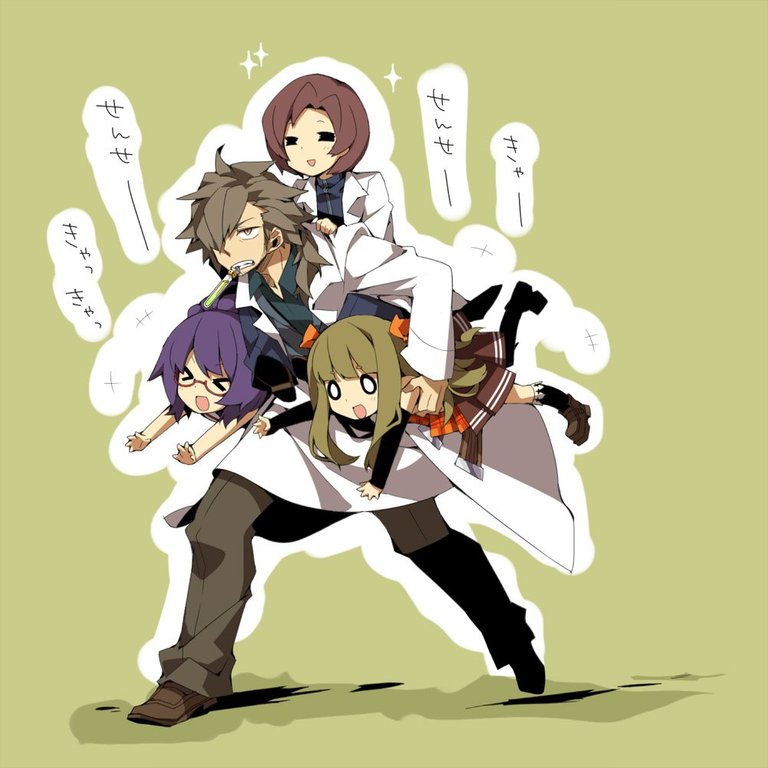 &gt;_&lt; 0_0 2boys 2girls brown_hair carrying carrying_under_arm glasses labcoat laughing long_hair long_pants long_sleeves medic_(sekaiju_4) multiple_boys multiple_girls open_mouth pants pleated_skirt purple_hair sekaiju_no_meikyuu sekaiju_no_meikyuu_4 short_hair sidelocks simple_background skirt sugita1754 tan_background test_tube walking white_coat