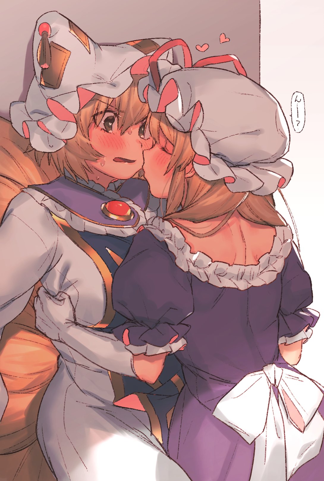 2girls bangs blonde_hair blush bow breasts brown_eyes closed_eyes commentary_request cowboy_shot dress eyebrows_visible_through_hair facing_another fox_tail frilled_shirt_collar frills from_behind gradient gradient_background grey_background hair_between_eyes hat hat_ribbon heart highres imminent_kiss large_breasts long_hair long_sleeves looking_at_another masanaga_(tsukasa) mob_cap multiple_girls multiple_tails open_mouth pillow_hat puffy_short_sleeves puffy_sleeves purple_dress red_ribbon ribbon short_hair short_sleeves speech_bubble sweat tabard tail touhou translated wall white_background white_bow white_dress white_hat yakumo_ran yakumo_yukari yuri