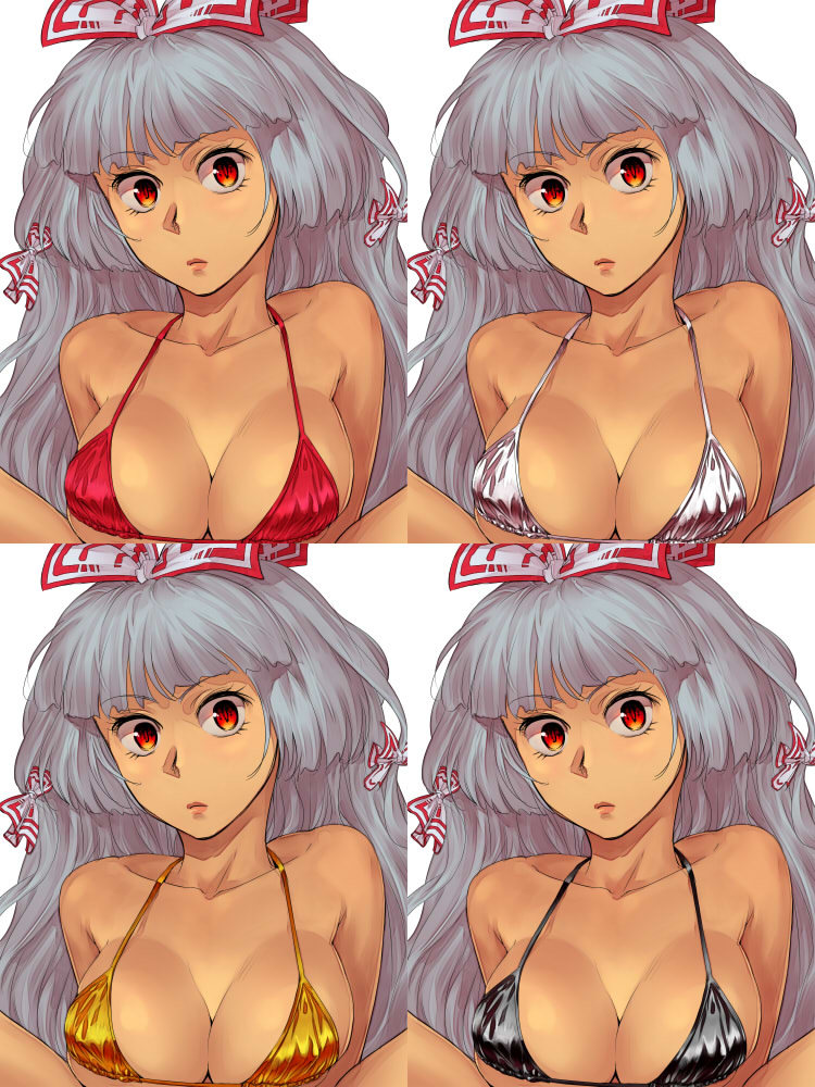 1girl bangs bare_shoulders bikini black_bikini bow breasts collarbone commentary_request eyebrows_visible_through_hair eyelashes fujiwara_no_mokou hair_bow halterneck large_breasts lips long_hair looking_at_viewer multiple_views red_bikini red_eyes shinburu shrug silver_hair simple_background swimsuit touhou white_background white_bikini white_bow yellow_bikini