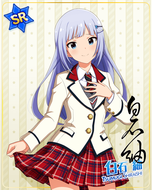 blue_eyes blue_hair blush character_name dress idolmaster idolmaster_million_live! idolmaster_million_live!_theater_days long_hair shiraishi_tsumugi smile