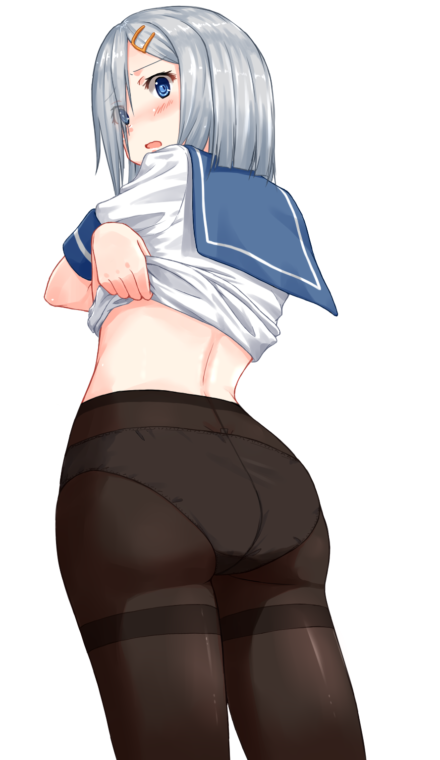 1girl ass black_legwear blouse blue_eyes blush eyebrows_visible_through_hair eyes_visible_through_hair from_behind hair_ornament hair_over_one_eye hairclip hamakaze_(kantai_collection) highres izumo_konata kantai_collection looking_at_viewer looking_back open_mouth panties panties_under_pantyhose pantyhose school_uniform serafuku short_hair short_sleeves silver_hair simple_background solo thighband_pantyhose underwear undressing white_background white_blouse white_panties