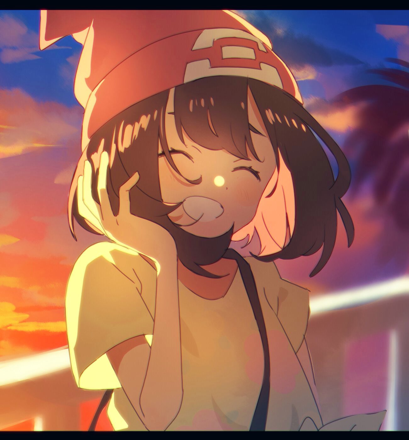 1girl beanie black_hair closed_eyes clouds creatures_(company) game_freak grin hat highres mizuki_(pokemon) nintendo pokemon pokemon_(game) pokemon_sm red_hat short_hair short_sleeves sky smile solo unapoppo upper_body