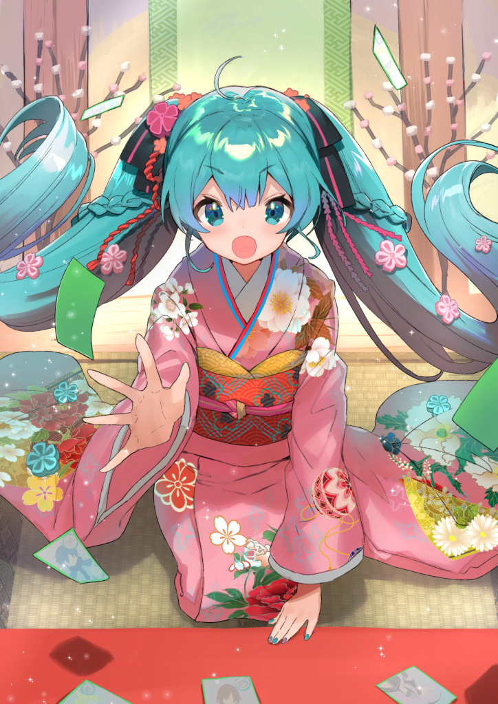 1girl :o bangs black_bow blue_eyes blue_hair blush bow braid commentary_request eyebrows_visible_through_hair floral_print hair_between_eyes hair_bow hair_ornament hatsune_miku hayama_eishi japanese_clothes kimono long_hair long_sleeves looking_at_viewer obi official_art open_mouth outstretched_arm pink_kimono print_kimono sash seiza sitting solo striped striped_bow tatami twintails very_long_hair vocaloid wide_sleeves