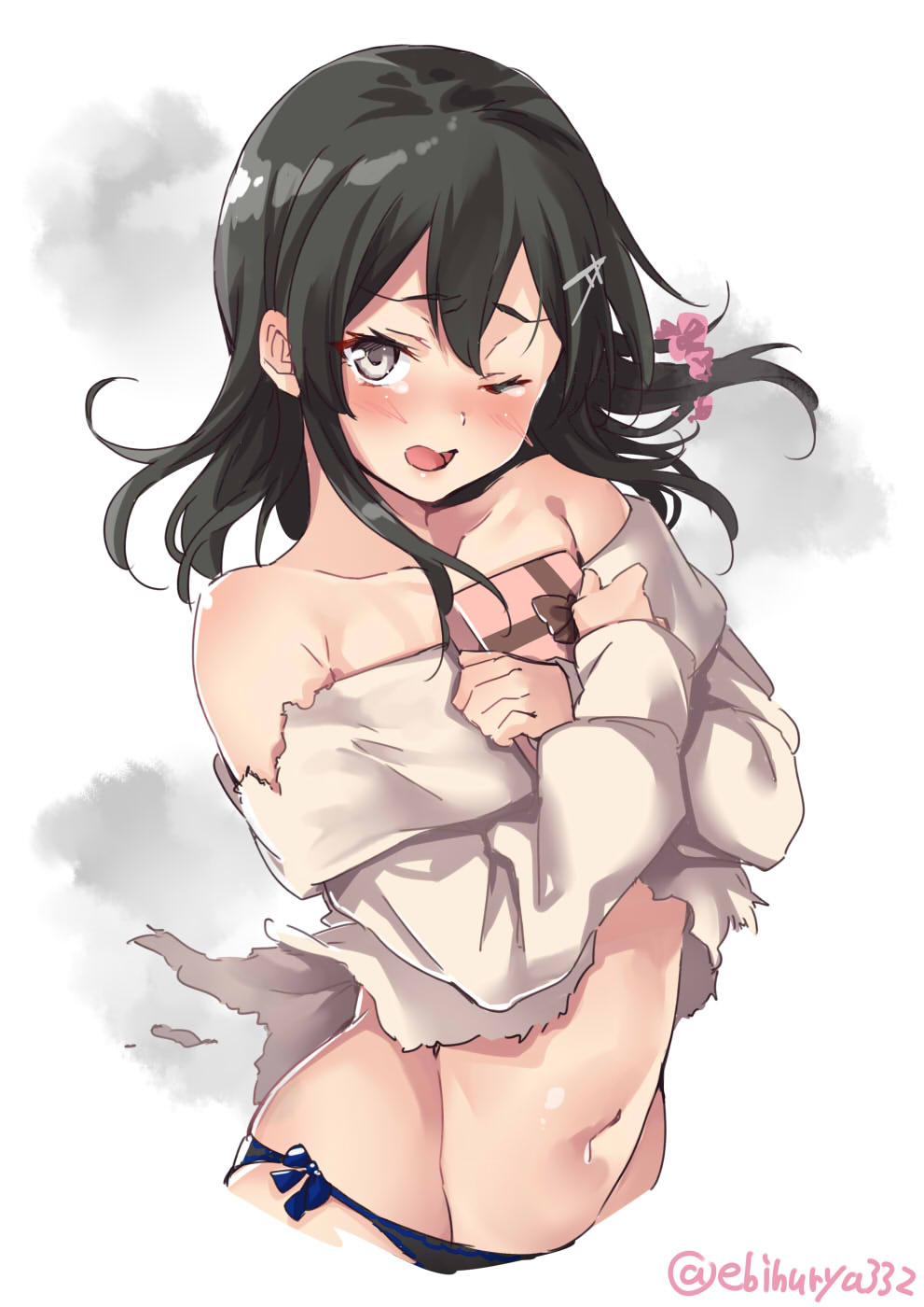 1girl alternate_costume black_hair blue_panties blush box closed_mouth ebifurya eyebrows_visible_through_hair gift gift_box grey_eyes grey_sweater hair_between_eyes hair_ornament hairclip heart highres kantai_collection long_sleeves looking_at_viewer navel open_mouth oyashio_(kantai_collection) panties simple_background smoke solo sweater torn_clothes torn_sweater underwear white_background