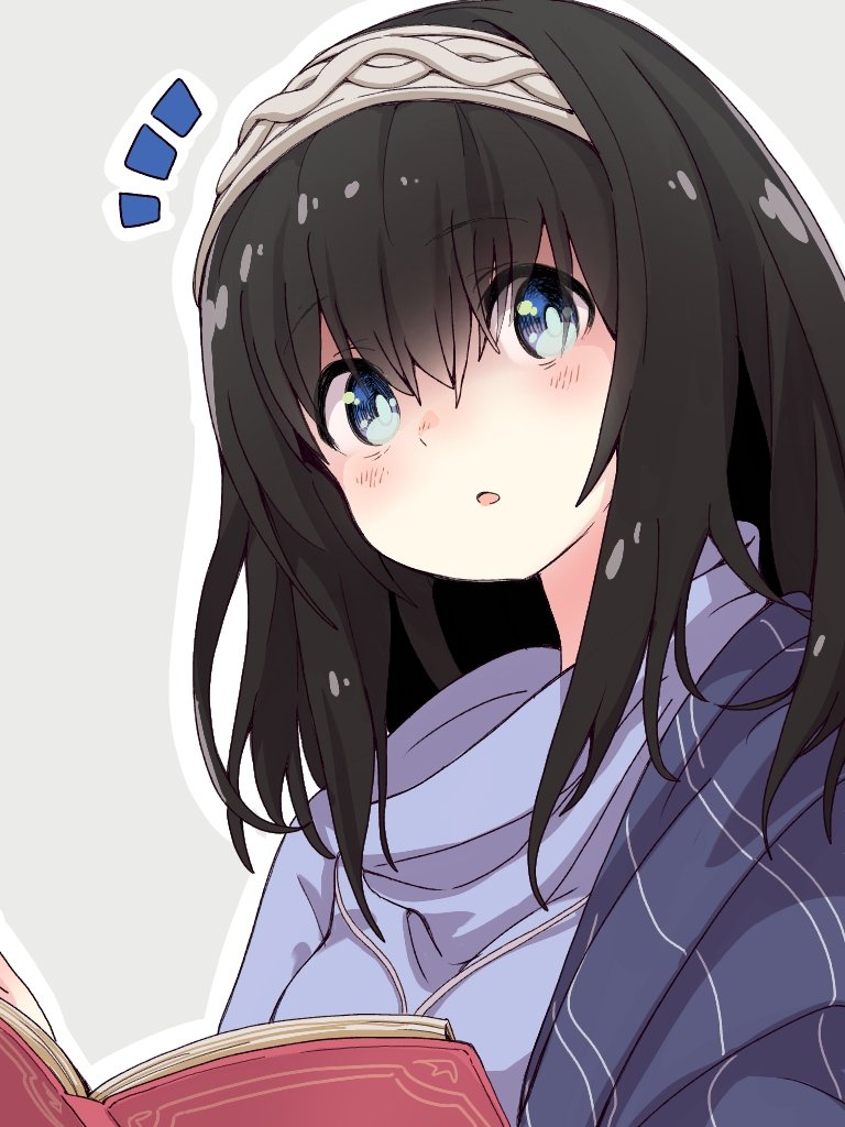 1girl :o bangs black_hair blue_eyes blue_sweater blush book ddak5843 eyebrows_visible_through_hair grey_background grey_hairband hair_between_eyes hairband idolmaster idolmaster_cinderella_girls long_hair looking_at_viewer notice_lines open_book outline parted_lips sagisawa_fumika solo sweater upper_body white_outline