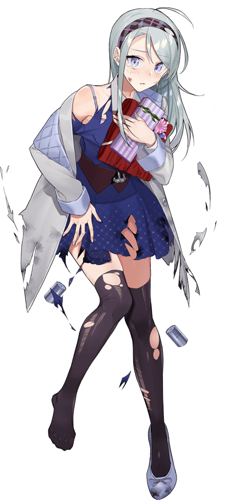 1girl alternate_costume black_legwear blue_dress blue_eyes blue_footwear blush box coat dress drew_(drew213g) gift gift_box grey_coat hairband kantai_collection long_hair long_sleeves official_art plaid plaid_hairband sagiri_(kantai_collection) silver_hair simple_background solo tears thigh-highs torn_clothes torn_legwear transparent_background white_background