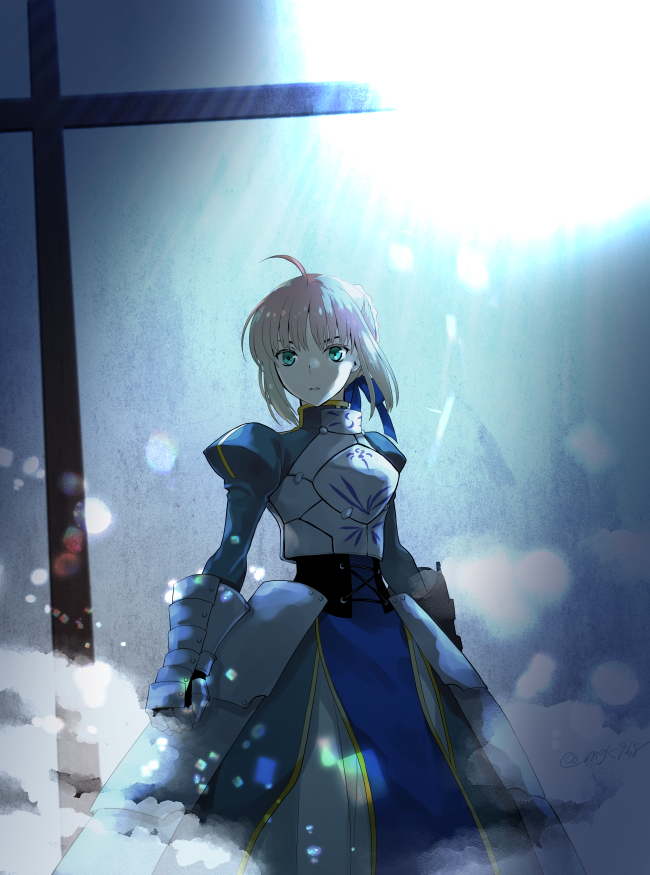 1girl ahoge armor armored_dress arms_at_sides artoria_pendragon_(all) backlighting bangs blonde_hair blue_dress blue_ribbon breastplate clenched_hand commentary_request corset dress fate/stay_night fate_(series) faulds gauntlets green_eyes hair_ribbon light long_sleeves looking_at_viewer mgk968 parted_lips ribbon saber short_hair sidelocks smoke solo standing twitter_username