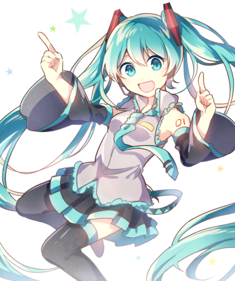 1girl :d black_skirt blue_eyes blue_hair blue_neckwear clothes_lift detached_sleeves feet_out_of_frame floating_hair grey_shirt happy hatsune_miku index_finger_raised long_hair necktie open_mouth outstretched_arms shirt simple_background skirt sleeveless sleeveless_shirt smile solo star thigh-highs twintails very_long_hair vocaloid white_background yoishi_(fuchi39)