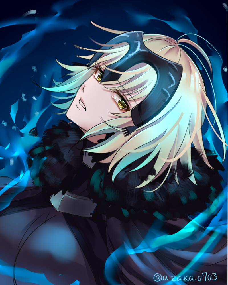 1girl azaka_(rionrita) blonde_hair eyebrows_visible_through_hair fate/grand_order fate_(series) hair_between_eyes headpiece jeanne_d'arc_(alter)_(fate) jeanne_d'arc_(fate)_(all) looking_at_viewer parted_lips short_hair solo tears twitter_username upper_body yellow_eyes