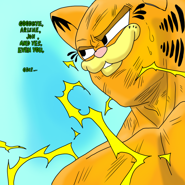 1boy animal_ears aura black_eyes bruise cat cat_ears collarbone dragon_ball dragonball_z english_text furry garfield garfield_(character) grin injury male_focus manly muscle no_humans orange_fur parody personification smile solo sweat thrudfiranflams vegeta what