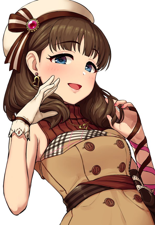 1girl :d arm_ribbon bangs beige_dress beret blue_eyes blush brown_hair brown_sweater double-breasted earrings eyebrows_visible_through_hair gloves hair_behind_ear hands_up hat heart heart_earrings heart_necklace idolmaster idolmaster_cinderella_girls jewelry lace lace-trimmed_gloves lips looking_at_viewer medium_hair nail_polish omaru_gyuunyuu open_mouth pendant pink_nails ribbon sakuma_mayu sash simple_background single_glove sleeveless_sweater smile solo sweater turtleneck upper_body white_background white_gloves