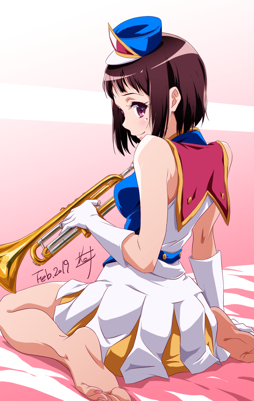 1girl arm_at_side bare_shoulders barefoot bed_sheet blue_hat blush breasts closed_mouth dated dress elbow_gloves from_behind gloves hat hibike!_euphonium highres holding holding_instrument instrument looking_at_viewer looking_back medium_breasts mini_hat mole mole_under_eye nail_polish nakaseko_kaori nii_manabu pink_nails purple_hair short_hair sideways_hat signature sitting sleeveless sleeveless_dress smile soles solo tareme toenail_polish trumpet violet_eyes wariza white_dress white_gloves