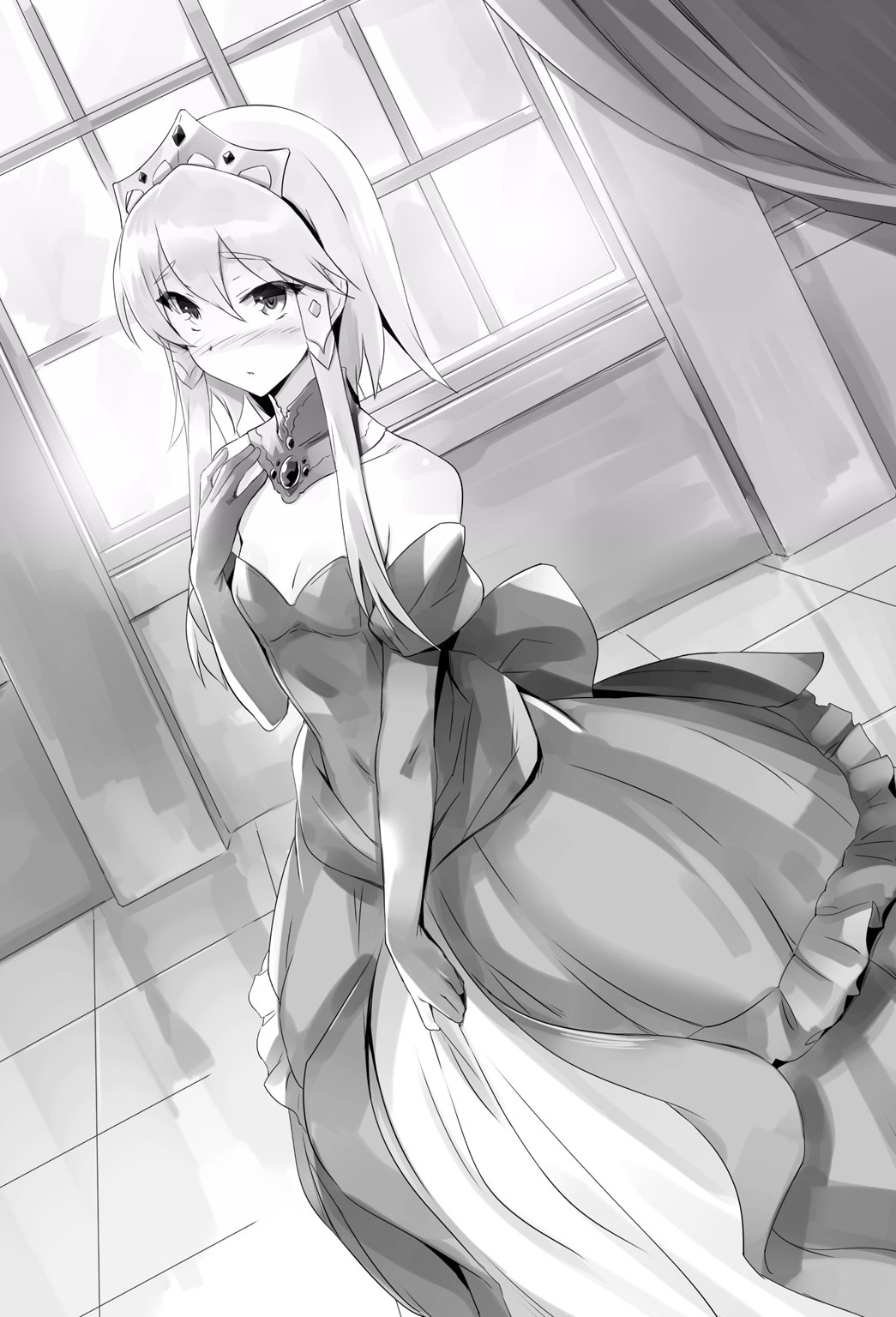 1girl bare_hips blush breasts choker cleavage collarbone dress elbow_gloves eyebrows_visible_through_hair gloves greyscale hair_between_eyes highres isekai_wa_smartphone_to_tomo_ni. layered_dress long_dress monochrome novel_illustration official_art short_hair_with_long_locks sidelocks small_breasts solo striped striped_dress usatsuka_eiji