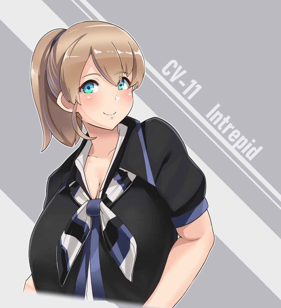 1girl black_shirt blue_eyes blush bow bowtie breasts character_name cleavage collarbone cropped_torso grey_background intrepid_(kantai_collection) kantai_collection large_breasts light_brown_hair looking_at_viewer medium_hair open_clothes open_shirt ponytail ryuun_(stiil) shirt short_sleeves simple_background smile solo striped striped_background striped_neckwear two-tone_background upper_body