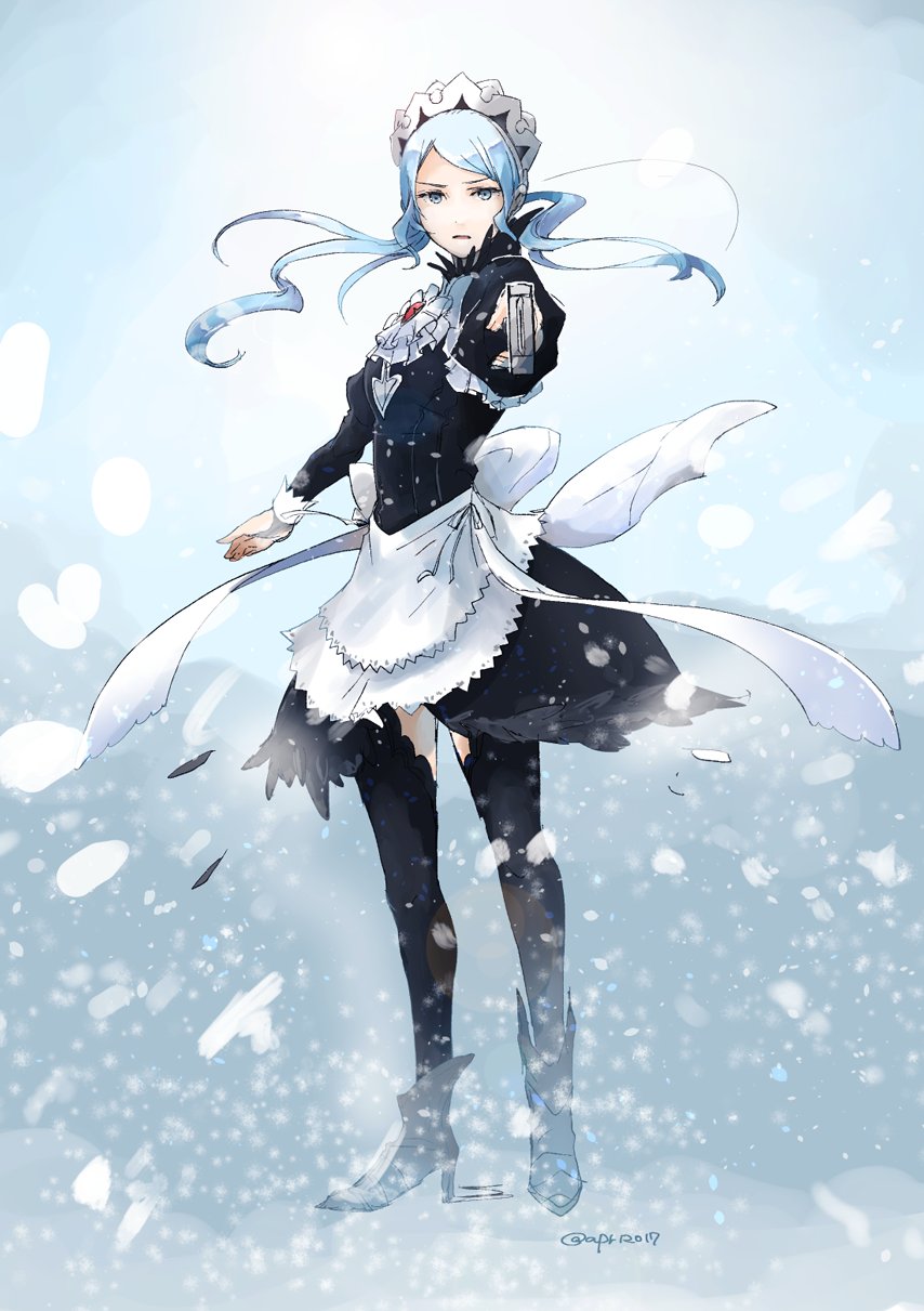 1girl black_legwear blue_eyes blue_hair fire_emblem fire_emblem_if flora_(fire_emblem_if) full_body gem high_heels highres holding holding_knife juliet_sleeves knife long_hair long_sleeves maid maid_headdress nintendo parted_lips puffy_sleeves robaco snowing solo standing twintails twitter_username