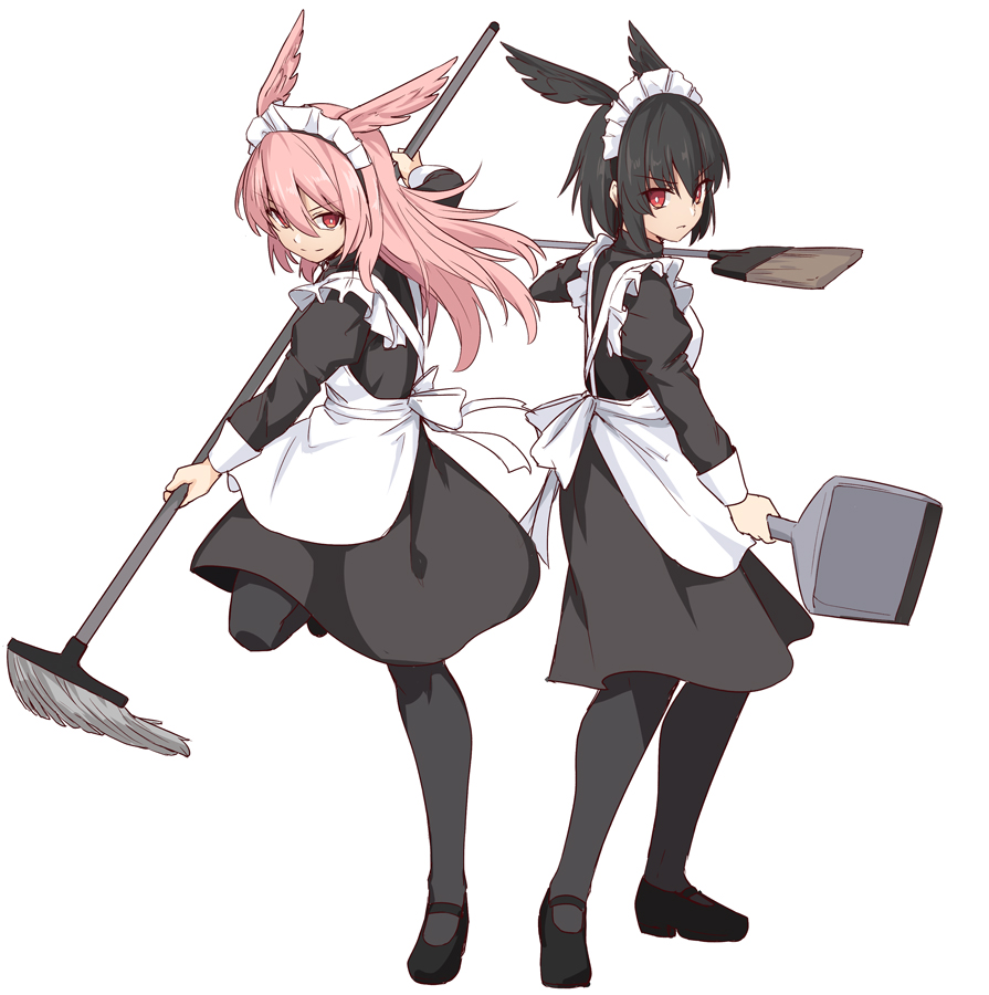 2girls alternate_costume apron black_dress black_footwear black_hair black_legwear broom dress dustpan enmaided fate/grand_order fate_(series) full_body head_wings hildr_(fate/grand_order) holding holding_broom loafers long_hair maid maid_apron maid_headdress multiple_girls ortlinde_(fate/grand_order) pink_hair red_eyes shiseki_hirame shoes short_hair simple_background smile valkyrie_(fate/grand_order) valkyrie_style white_apron white_background