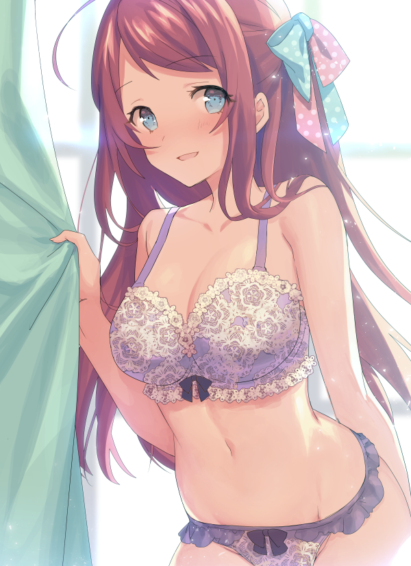 1girl :d ahoge backlighting bare_arms bare_shoulders blue_eyes blue_ribbon blush bra commentary_request cowboy_shot curtains day frilled_panties frills groin hair_ribbon half_updo hand_up lace lace-trimmed_bra light_particles lingerie long_hair looking_at_viewer matsuha_shuu minamoto_sakura navel open_mouth panties polka_dot purple_bra purple_panties red_ribbon redhead ribbon sidelocks smile solo standing stomach underwear underwear_only zombie_land_saga