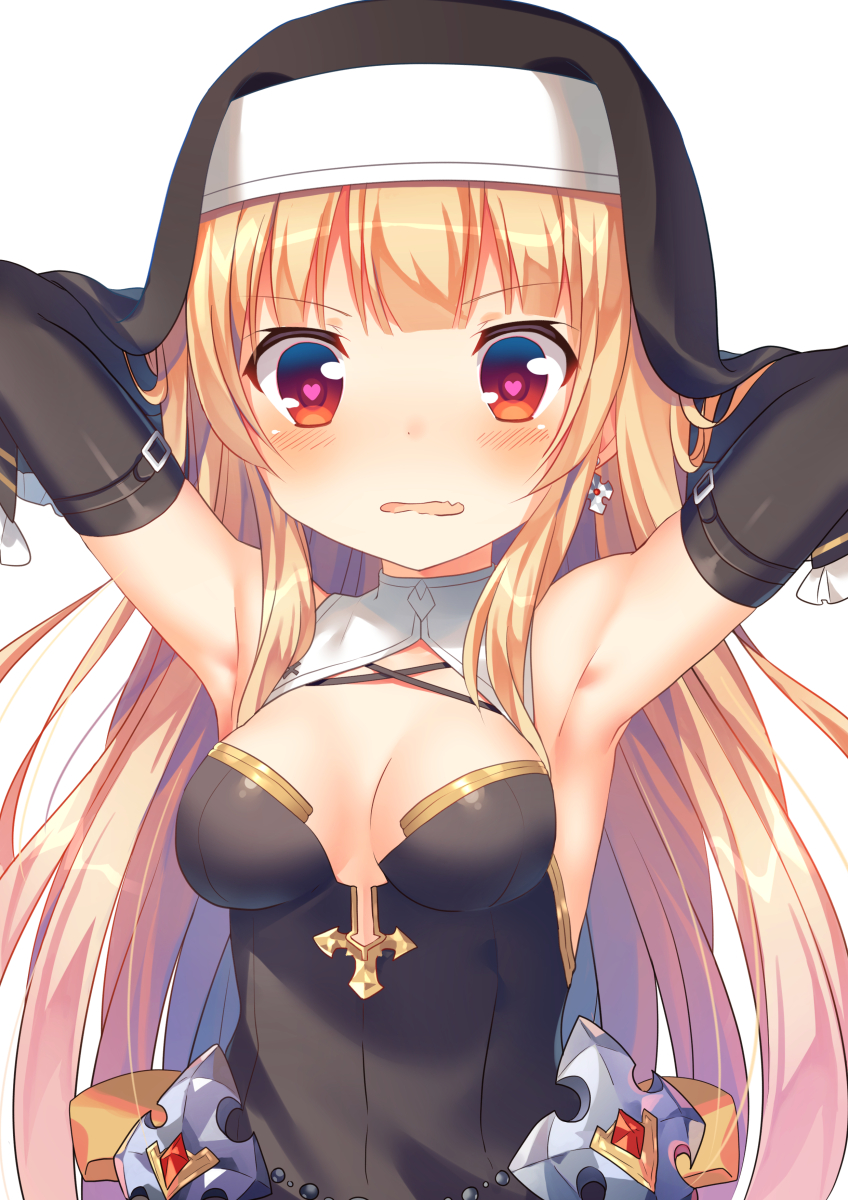 1girl armpits arms_behind_head arms_up bare_shoulders beads black_gloves blonde_hair blush breasts breasts_apart craytm cross elbow_gloves fang gloves habit heart heart-shaped_pupils highres jewelry long_hair looking_at_viewer medium_breasts open_mouth original red_eyes sidelocks simple_background single_earring solo symbol-shaped_pupils upper_body veil wavy_mouth white_background