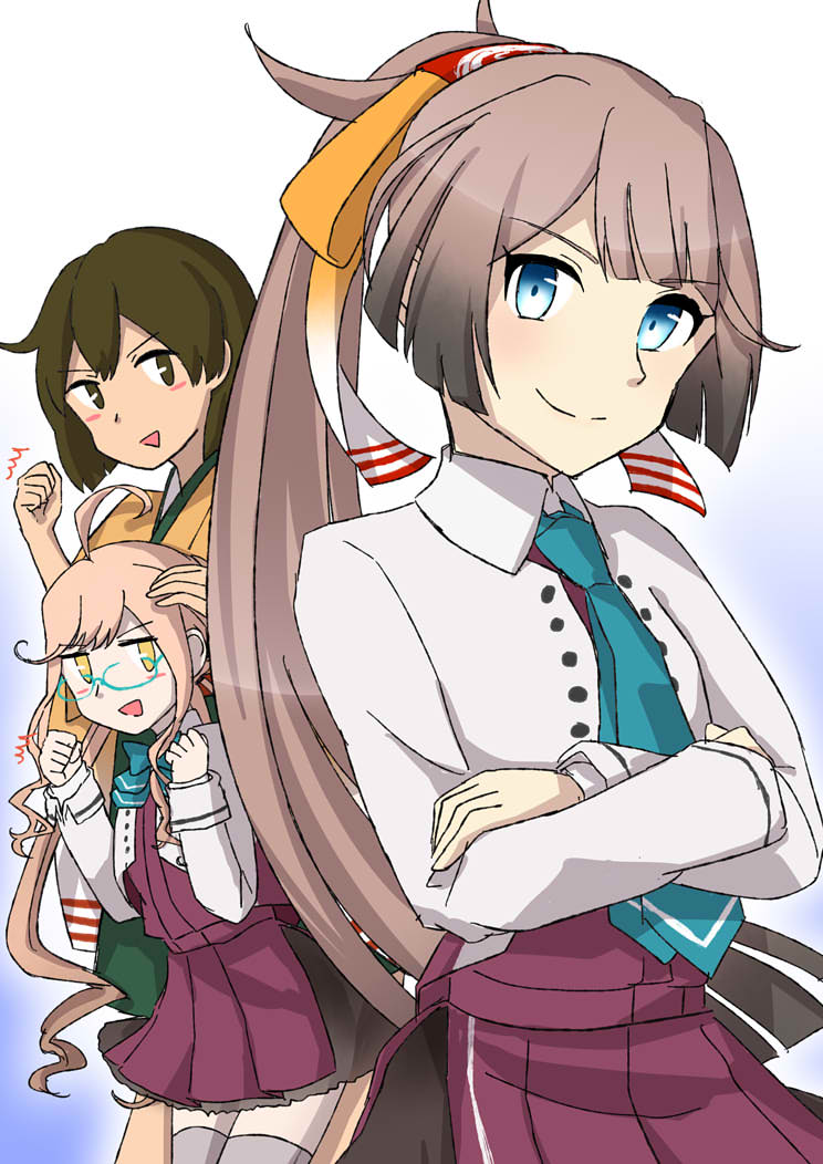 3girls ahoge blazer blue_eyes blue_neckwear bow bowtie brown_hair clenched_hands closed_mouth commentary_request cowboy_shot crossed_arms double_bun dress glasses gradient gradient_background grey_legwear hair_ribbon hand_on_another's_head hiryuu_(kantai_collection) iwana jacket japanese_clothes kantai_collection kazagumo_(kantai_collection) long_hair long_sleeves makigumo_(kantai_collection) multiple_girls necktie open_mouth pink_hair pleated_dress ponytail remodel_(kantai_collection) ribbon school_uniform shirt short_hair sleeveless sleeveless_dress solo_focus standing tan thigh-highs twintails white_jacket white_shirt yellow_eyes