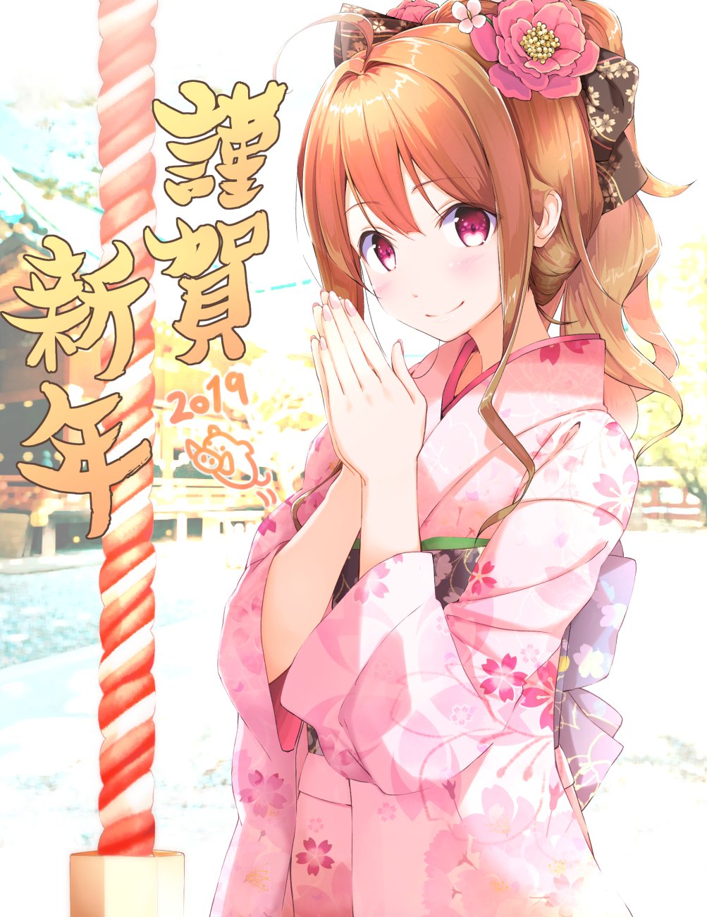 1girl 2019 ahoge bangs blurry blurry_background blush bow brown_bow brown_hair chinese_zodiac closed_mouth commentary_request depth_of_field eyebrows_visible_through_hair fingernails floral_print flower hair_between_eyes hair_bow hair_flower hair_intakes hair_ornament hands_together highres japanese_clothes kimono long_hair long_sleeves mikage_mone mone_channel na53 nail_polish obi outdoors own_hands_together palms_together pink_flower pink_kimono pink_nails print_kimono red_eyes sash smile solo translated virtual_youtuber wide_sleeves year_of_the_pig