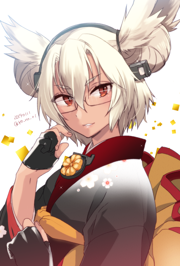 1girl alternate_costume alternate_hairstyle black_gloves blush dated double_bun glasses gloves hair_between_eyes japanese_clothes kantai_collection kimono koruri looking_at_viewer musashi_(kantai_collection) partly_fingerless_gloves platinum_blonde_hair pointy_hair red_eyes sakuramon semi-rimless_eyewear solo twintails two_side_up