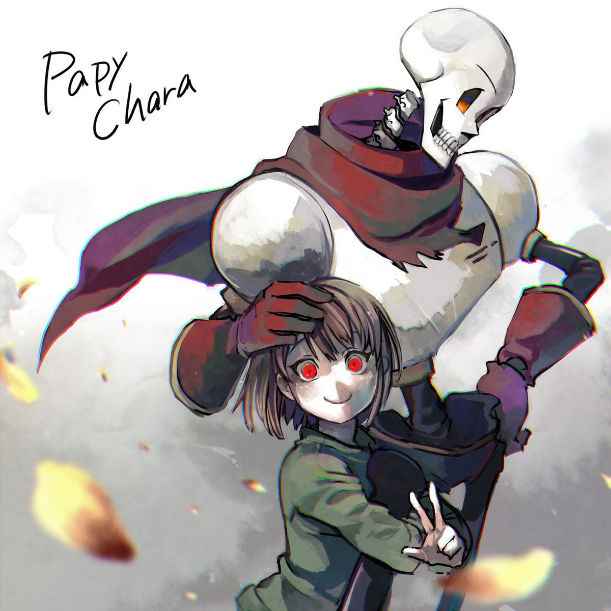 1boy 1other androgynous blush brown_hair chara_(undertale) gloves highres papyrus_(undertale) red_eyes scarf shirt shousan_(hno3syo) skeleton smile source_request undertale