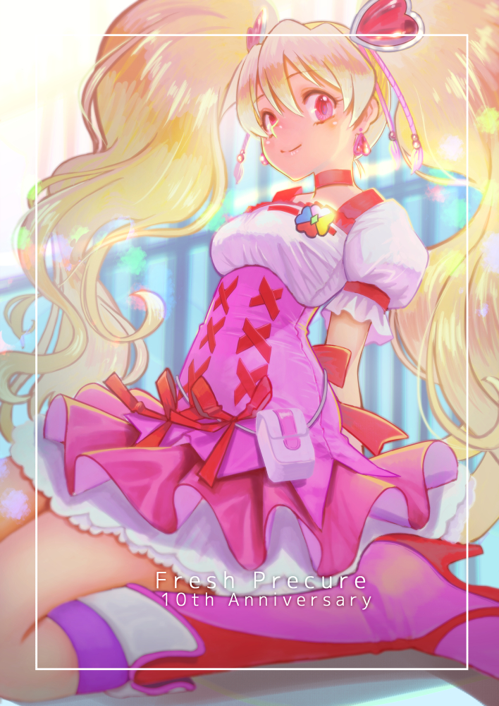 1girl anniversary arms_behind_back blonde_hair blue_background boots bow choker closed_mouth corset cure_peach earrings fresh_precure! full_body hair_ornament heart heart_earrings heart_hair_ornament jewelry jj_(ssspulse) knee_boots kneeling long_hair looking_at_viewer magical_girl momozono_love pink_eyes pink_footwear pink_skirt precure puffy_sleeves red_bow red_neckwear skirt smile solo twintails