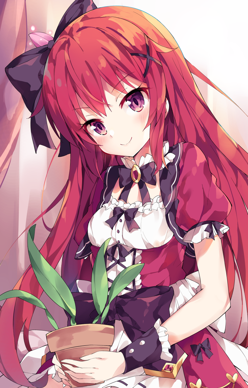 1girl apron black_neckwear black_ribbon blush bow bowtie breasts brooch cattleya_(flower_knight_girl) closed_mouth commentary_request dress flower_knight_girl frills hair_ornament hair_ribbon head_tilt highres holding jewelry long_hair looking_at_viewer plant potted_plant red_dress redhead ribbon short_sleeves sidelocks small_breasts smile solo unacchi_(nyusankin) upper_body very_long_hair violet_eyes wrist_cuffs x_hair_ornament