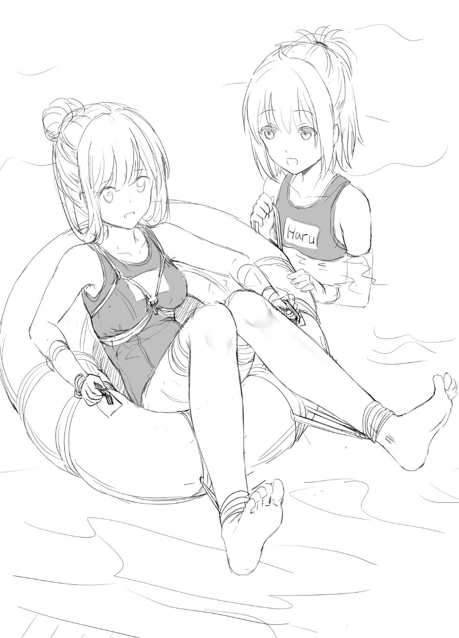 2girls ball_gag bangs barefoot bdsm bondage bound collarbone commentary_request eyebrows_visible_through_hair feet gag hair_ribbon haneru highres in_water innertube monochrome multiple_girls name_tag open_mouth original ponytail ribbon shibari shibari_over_clothes short_hair swimsuit swimwear thighs