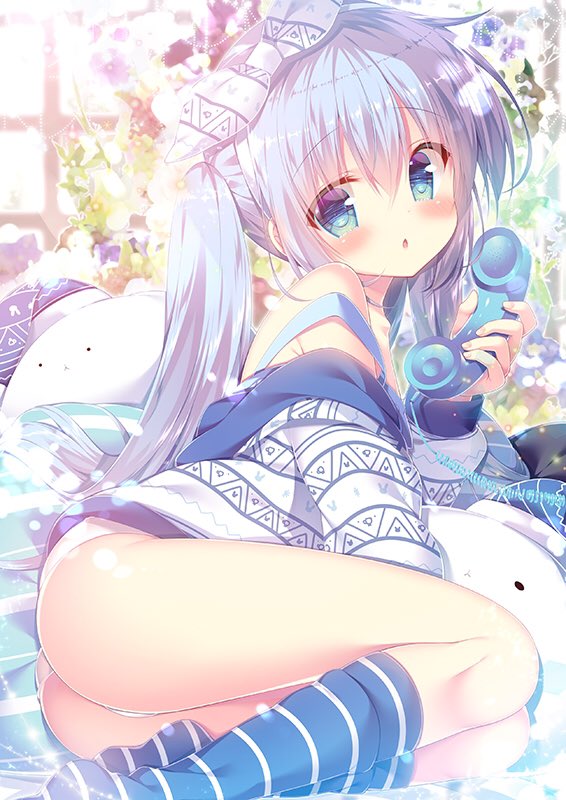 1girl :&lt; :o angora_rabbit animal ass bangs blue_bra blue_eyes blue_legwear blush bra commentary_request gochuumon_wa_usagi_desu_ka? hair_ribbon holding holding_phone kafuu_chino kneehighs light_blue_hair long_hair long_sleeves looking_at_viewer mitsumomo_mamu no_pants off_shoulder panties phone rabbit reclining ribbon solo striped striped_legwear sweater tippy_(gochiusa) twintails underwear white_panties white_ribbon