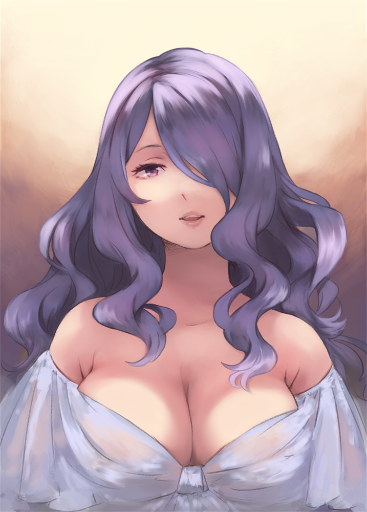 1girl ai-wa bare_shoulders breasts camilla_(fire_emblem_if) cleavage fire_emblem fire_emblem_if hair_over_one_eye large_breasts long_hair nintendo parted_lips purple_hair solo upper_body violet_eyes