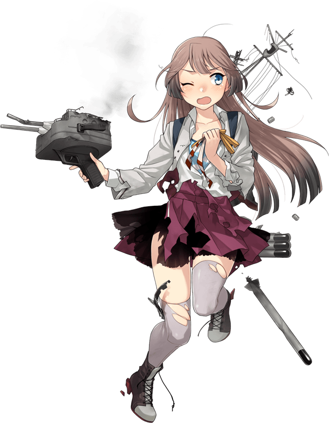 1girl boots brown_hair cannon cross-laced_footwear fujikawa grey_eyes grey_legwear hair_ribbon kantai_collection kazagumo_(kantai_collection) lace-up_boots long_hair machinery necktie official_art pantyhose ponytail ribbon shirt smokestack torn_clothes torpedo tsurime turret white_shirt