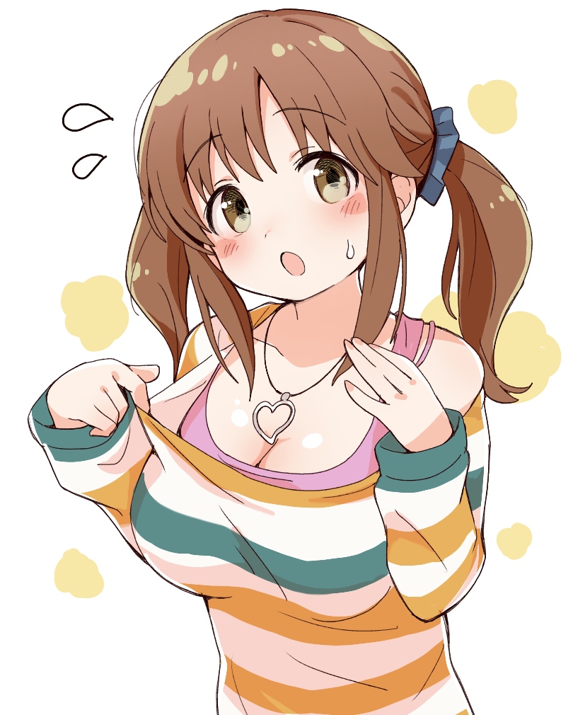 1girl bangs blush breasts brown_eyes brown_hair cleavage collarbone ddak5843 eyebrows_visible_through_hair flying_sweatdrops hands_up head_tilt heart heart_necklace idolmaster idolmaster_cinderella_girls long_hair long_sleeves looking_at_viewer medium_breasts open_mouth shirt simple_background sleeves_past_wrists solo striped striped_shirt sweat totoki_airi twintails upper_body white_background