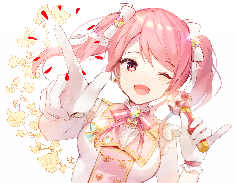 1girl :d bang_dream! bangs blush bow breasts commentary_request dot_nose dress eyebrows_visible_through_hair gloves holding holding_microphone large_breasts looking_to_the_side maruyama_aya microphone one_eye_closed open_mouth pink_eyes pink_hair pink_neckwear pointing pointing_up ribbon short_hair sidelocks smile solo twintails white_bow white_dress white_gloves yuhi_(hssh_6)