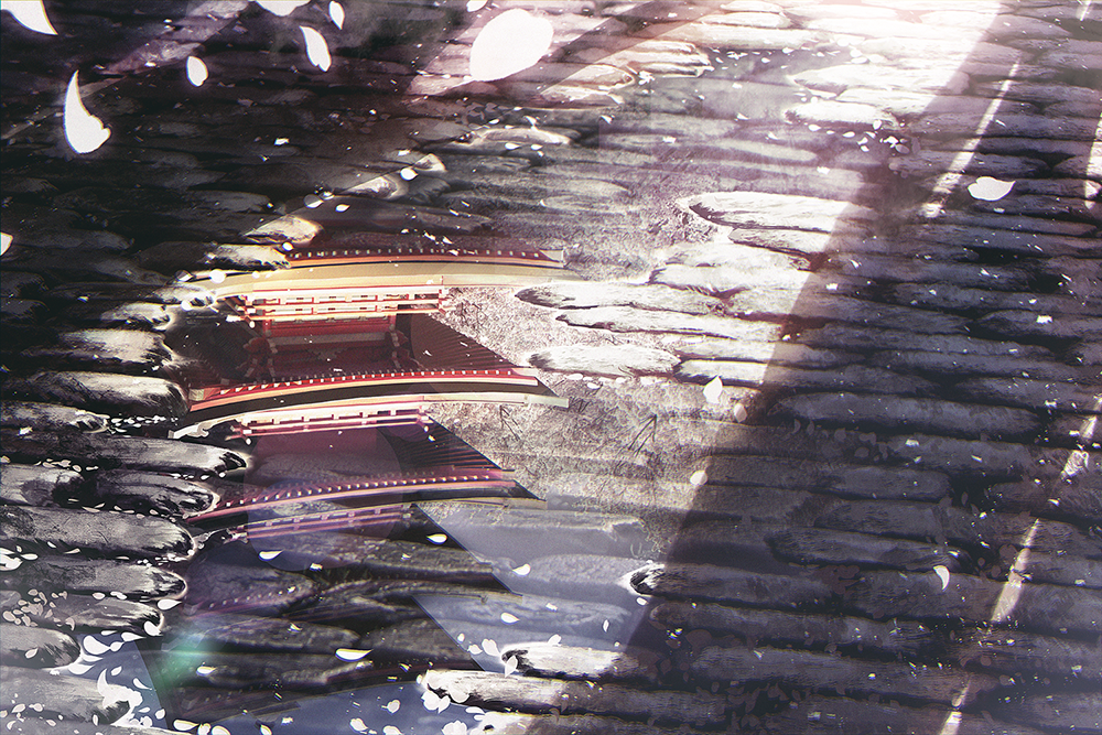 architecture building commentary_request day east_asian_architecture lens_flare no_humans original pagoda petals puddle reflection shadow sonna_watashi stone_floor sunlight water