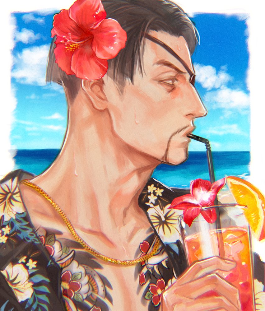 1boy aomi_nekosuki black_hair black_shirt blue_sky chain clouds commentary cup drink drinking_glass drinking_straw eyepatch facial_hair floral_print flower food fruit goatee gold_chain hair_flower hair_ornament irezumi majima_gorou ocean one-eyed open_clothes open_shirt orange_(fruit) orange_slice ryuu_ga_gotoku shirt short_hair sky summer sweat sweatdrop symbol-only_commentary tattoo