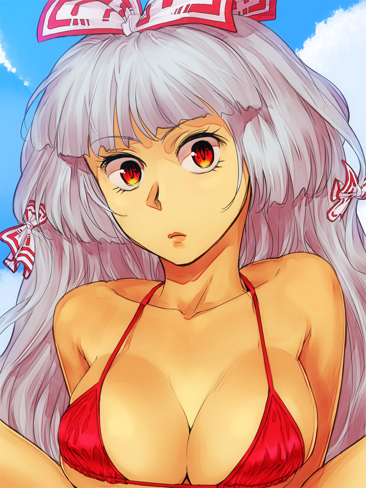 1girl bangs bare_shoulders bikini blue_sky bow breasts clouds collarbone commentary_request day eyebrows_visible_through_hair eyelashes fujiwara_no_mokou hair_bow halterneck large_breasts lips long_hair looking_at_viewer outdoors red_bikini red_eyes shinburu shrug silver_hair sky solo swimsuit touhou upper_body white_bow