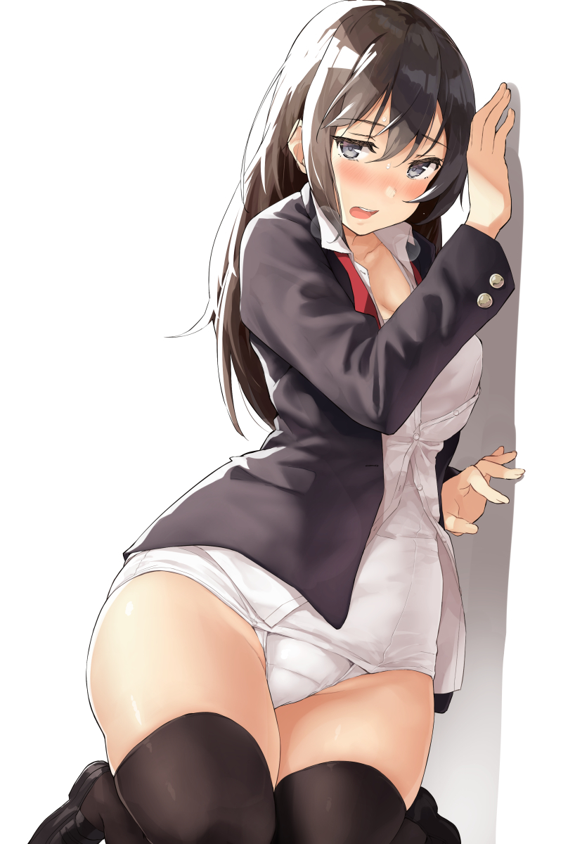 1girl against_glass bangs black_footwear black_hair black_jacket black_legwear blush breasts buttons collared_shirt eyebrows_visible_through_hair grey_eyes hair_between_eyes highres hips jacket kekemotsu kneeling loafers long_hair looking_at_viewer medium_breasts one-piece_swimsuit open_clothes open_jacket open_mouth original red_neckwear school_swimsuit shirt shoes simple_background solo swimsuit swimsuit_under_clothes thigh-highs thighs white_background white_shirt white_swimsuit