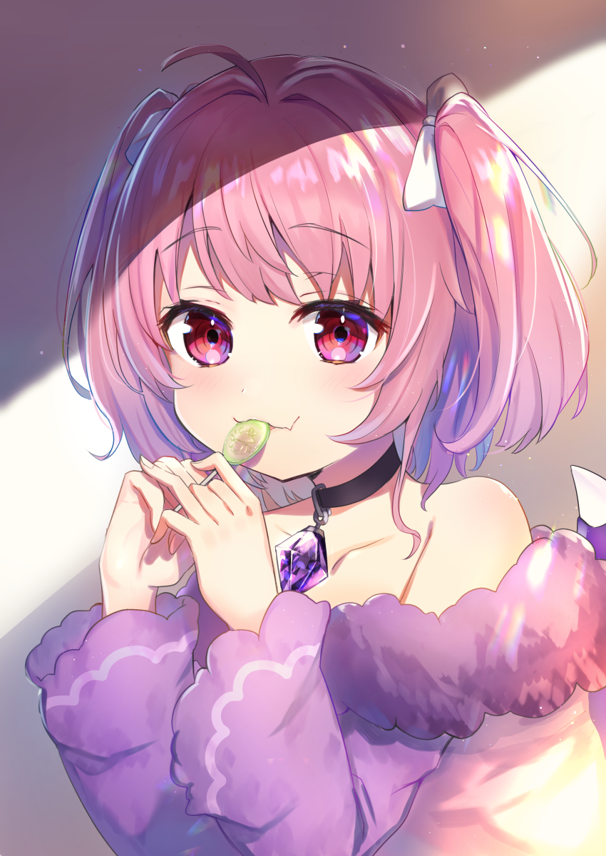 1girl ahoge bangs bare_shoulders black_choker blush bow brooch candy choker collarbone commentary_request debidebi_debiru demon_wings devicchi eyebrows_visible_through_hair fang fang_out food food_in_mouth hair_ribbon hands_up highres jewelry lollipop long_sleeves nijisanji omelet_tomato parted_lips pink_hair purple_wings red_eyes ribbon shade short_hair smile two_side_up upper_body virtual_youtuber white_bow wide_sleeves wings