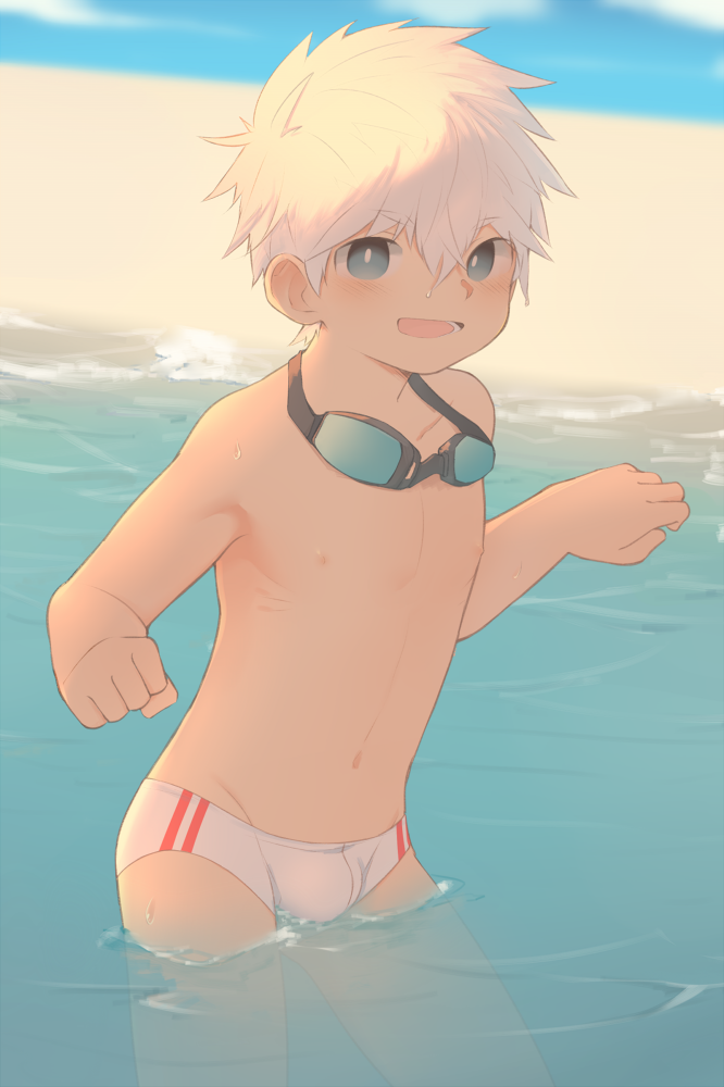 1boy :d backlighting bare_chest beach blue_eyes blue_sky blurry blush bulge collarbone contrapposto cowboy_shot day depth_of_field dripping goggles goggles_around_neck hair_between_eyes hands_up ikutsuki looking_at_viewer male_focus male_swimwear navel nipples open_mouth original outdoors sky smile solo spiky_hair standing striped swim_briefs swimwear vertical_stripes wading water white_hair