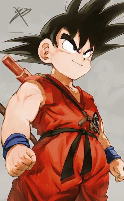 1boy arms_at_sides black_eyes black_hair clenched_hands dougi dragon_ball dragon_ball_(classic) fingernails frown grey_background looking_away male_focus nyoibo reeya short_hair signature simple_background smile son_gokuu spiky_hair standing tail upper_body wristband