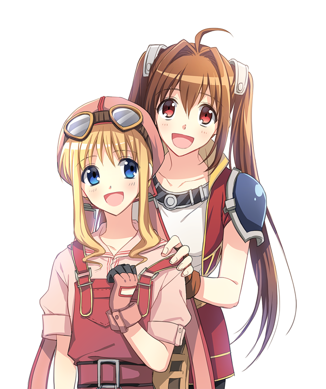 1010kren 2girls ahoge blonde_hair blue_eyes breasts brown_gloves brown_hair collarbone eiyuu_densetsu estelle_bright eyebrows_visible_through_hair fingerless_gloves flat_chest gloves goggles goggles_on_headwear hair_between_eyes hand_on_own_chest hat jacket looking_at_another looking_at_viewer multiple_girls open_mouth overalls pink_gloves red_eyes shirt short_hair_with_long_locks short_sleeves shoulder_armor simple_background small_breasts smile sora_no_kiseki tita_russell twintails upper_body white_background