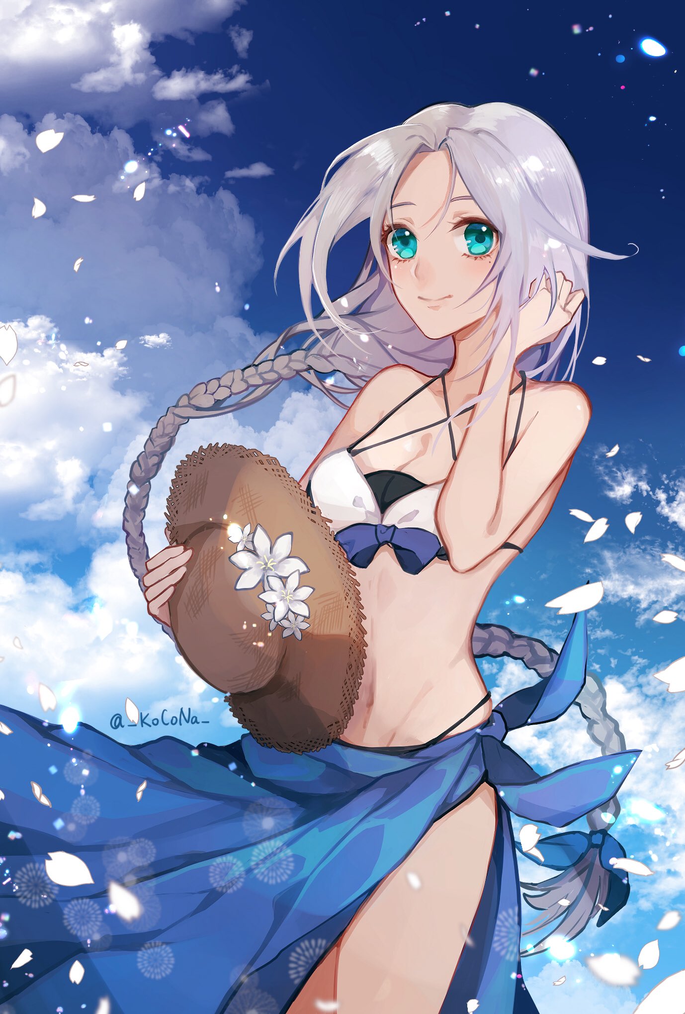 1girl adapted_costume bangs bikini blue_eyes blue_sarong blue_sky braid breasts brown_hat cleavage clouds collarbone day hair_tie hat hat_removed headwear_removed highres kantai_collection kocona long_hair looking_at_viewer medium_breasts mole mole_under_eye multicolored multicolored_bikini multicolored_clothes navel outdoors parted_bangs petals sarong silver_hair single_braid sky solo straw_hat sun_hat swimsuit twitter_username umikaze_(kantai_collection) very_long_hair