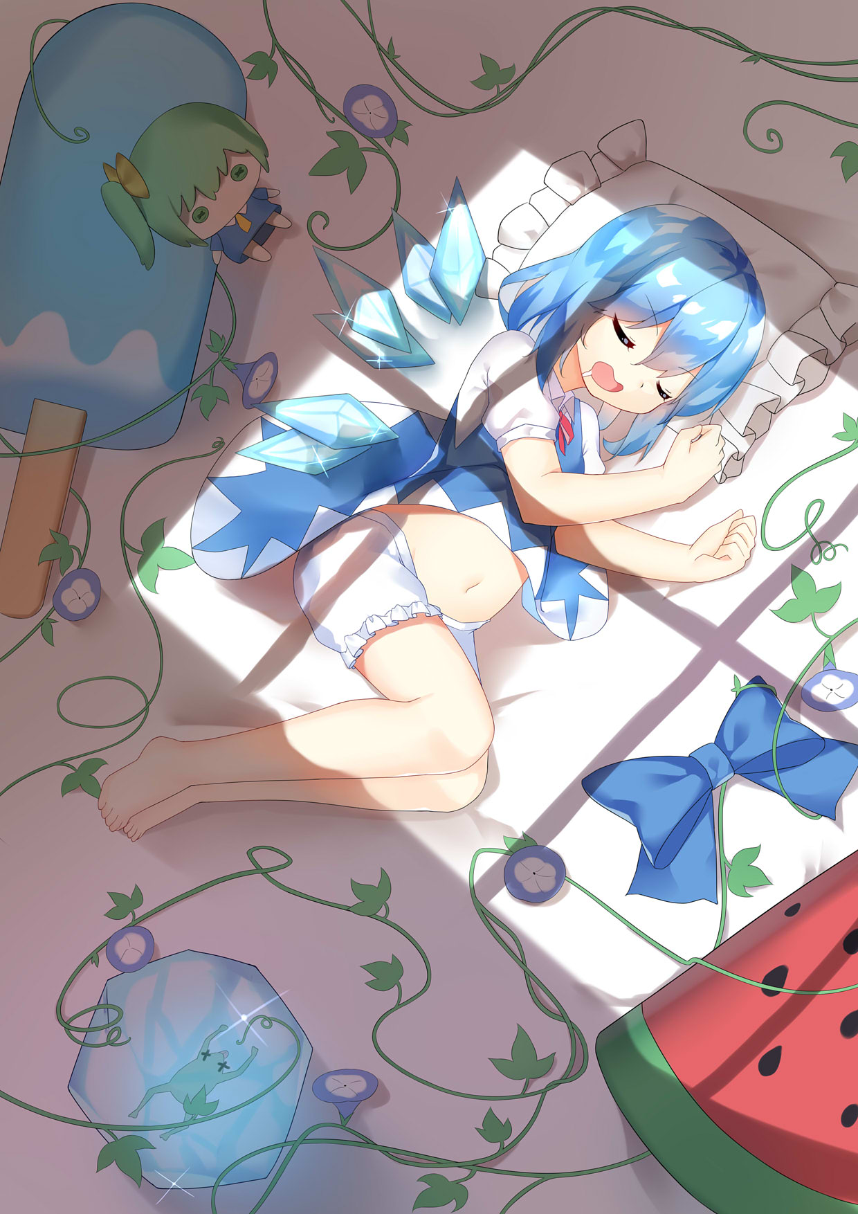 1girl bare_legs barefoot bloomers blue_dress blue_hair character_doll cirno curled_fingers daiyousei dress drooling eyebrows_visible_through_hair flower food frozen_frog fruit glint hair_between_eyes hair_ribbon highres ice lying midriff morning_glory navel on_floor on_side open_mouth pillow pinafore_dress plant popsicle puffy_short_sleeves puffy_sleeves ribbon ribbon_removed shiny shiny_hair shirt short_hair short_sleeves sleeping solo sunlight touhou underwear vines watermelon white_shirt wings zize