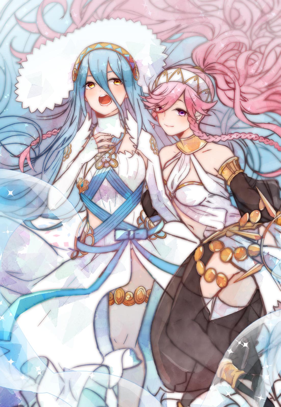 2girls aqua_(fire_emblem_if) blue_hair braid closed_mouth dress fingerless_gloves fire_emblem fire_emblem:_kakusei fire_emblem_if gloves hair_between_eyes hairband highres hzokki jewelry long_hair multiple_girls nintendo olivia_(fire_emblem) open_mouth pendant pink_eyes pink_hair smile twin_braids veil white_dress white_gloves white_legwear yellow_eyes