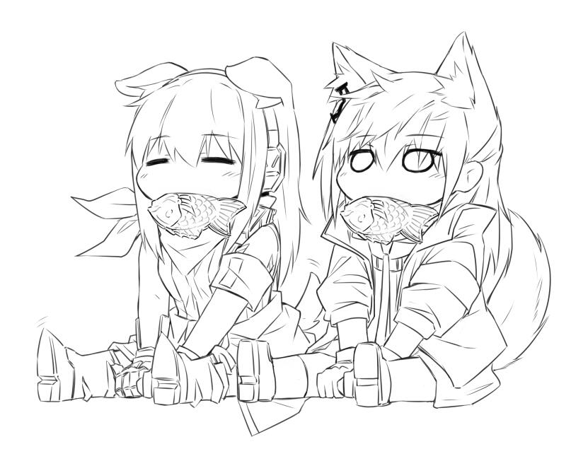 2girls animal_ears artist_request bandanna chibi closed_eyes dog_ears dog_tail food food_in_mouth girls_frontline headphones jacket m4a1_(girls_frontline) multiple_girls sitting sketch st_ar-15_(girls_frontline) tail tail_wagging taiyaki wagashi