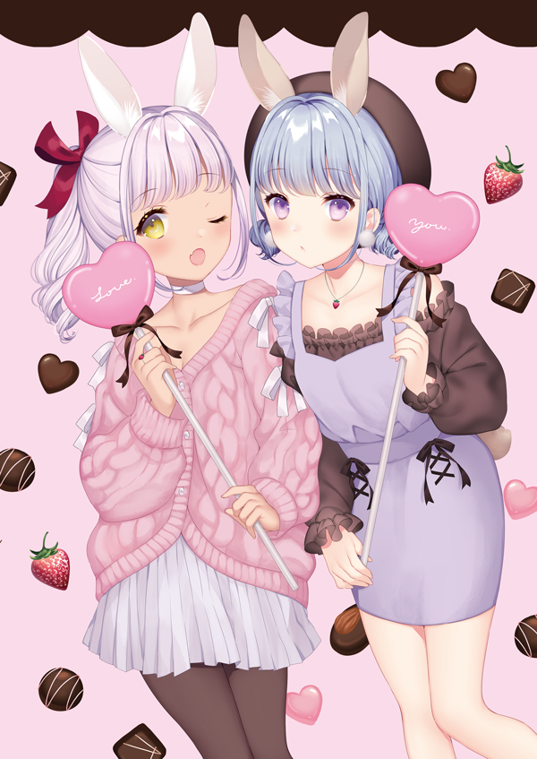 2girls ;d animal_ears bangs beret blue_hair bow brown_hat brown_legwear brown_shirt cardigan chocolate collarbone commentary_request dark_skin dress english_text eyebrows_visible_through_hair fang food fruit hair_bow hat heart holding long_hair long_sleeves looking_at_viewer multiple_girls off-shoulder_shirt off_shoulder one_eye_closed open_mouth original pantyhose pink_background pink_cardigan pleated_skirt ponytail puffy_long_sleeves puffy_sleeves purple_dress rabbit_ears red_bow shirt silver_hair skirt sleeveless sleeveless_dress smile strawberry violet_eyes wasabi_(sekai) white_skirt yellow_eyes